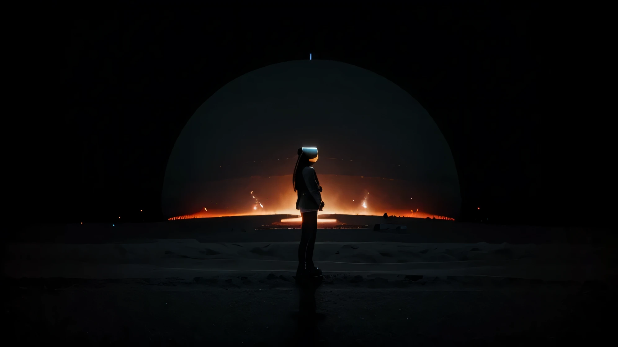 virtual reality, new planet, panorama , black, orange, a girl in the middle