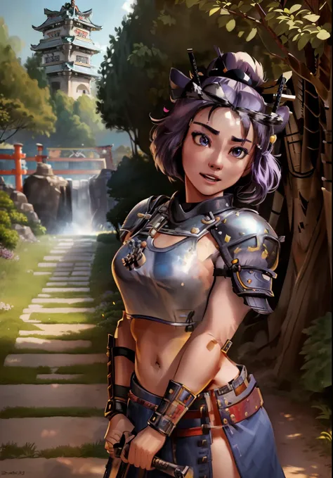 (BelleWaifu:1), (knights armor:0.3), the garden in the background, surprised, cute, cute pose, (flirting), looking at the viewer, (square hairstyle), (purple hair), (metal knight crop top on naked body in the style of Japanese samurai:1.6), :D, (realistic:...