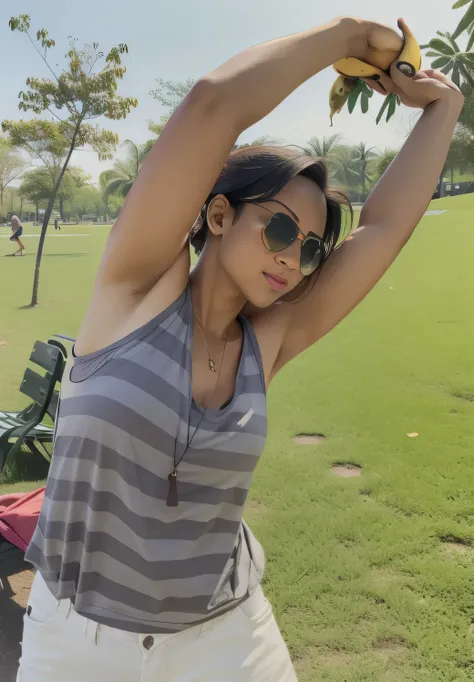 woman in sunglasses holding a banana in her hand in a park, armpit, at a park, shoulders can be seen, wearing : tanktop, with arms up, arms stretched out, at the park, in the park, in a park, wearing tanktop, photo from the back, arms extended, park in bac...