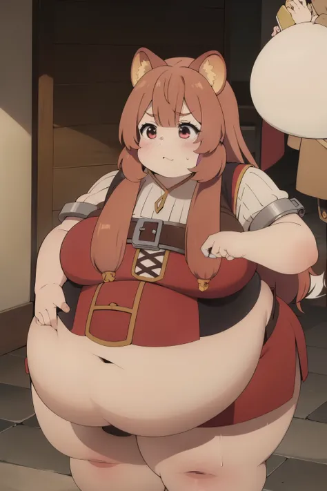 Raphtalia fat, force feed, obese, fat, fatter, round, rotund, fat clothes, overeating, stuffed raccoon, red suit, massive fat, huge fat, glutton, gluttony, gluttonous, voracious, force feeding, fat food, fat belt, buttons, belt pop, belt unbuckle, belt stu...