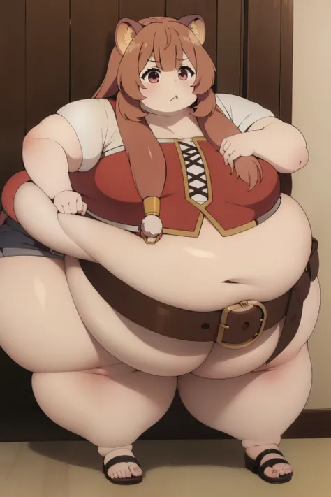 Raphtalia fat, force feed, obese, fat, fatter, round, rotund, fat clothes, overeating, stuffed raccoon, red suit, massive fat, huge fat, glutton, gluttony, gluttonous, voracious, force feeding, fat food, fat belt, buttons, belt pop, belt unbuckle, belt stu...