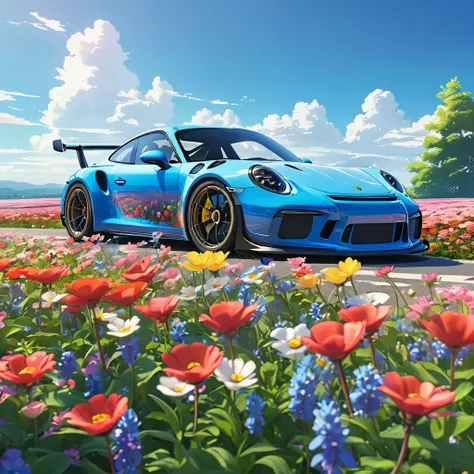 Imagine a porsche 911 gt3 standing on ground with beautiful flowers around it and under blue sky colorful flowers everywhere ; anime style; studio ghibli style; vibrant; japanese anime; artstation; high resolution; attention to the detailing; black stroke