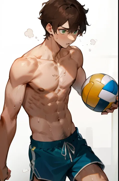 Boy, brown hair, short hair, sea green eyes. Holding a volleyball, shirtless, shirt off, sweat flowing down his body. Wearing blue shorts, hot weather, white background.,stsnding,shirtless