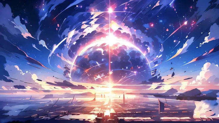 anime - style scene of a beautiful sky with a star and a planet, on a abandoned city on the sea,cosmic skies. by makoto shinkai,...