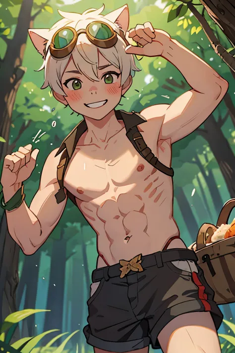 bennett,  in a forest on a picnic, shirtless, shorts, goggles on head, grin smile and blush, cat ear, chiseled abs, sweating