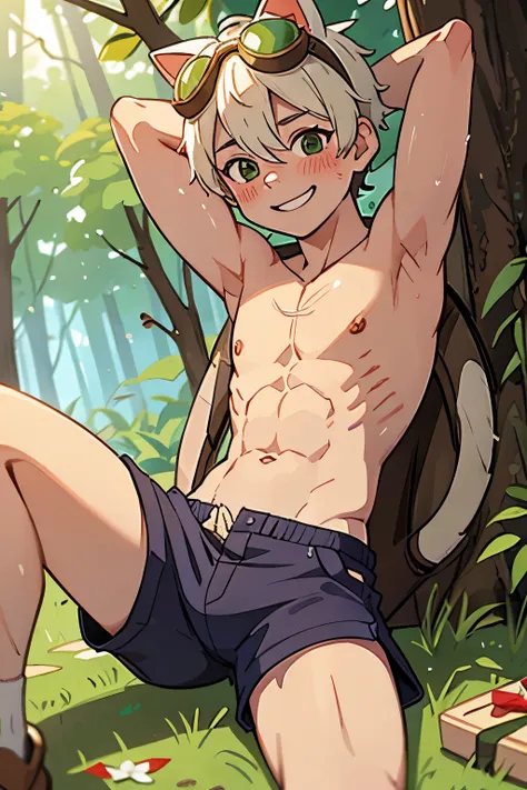 bennett,  in a forest on a picnic, shirtless, shorts, goggles on head, grin smile and blush, cat ear, chiseled abs, sweating