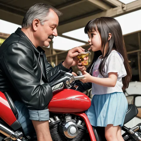 A 3 years old  sitting on her fathers motorcycle and her father is feeding her standing beside the motorcycle