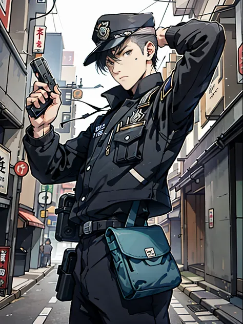 Ridiculous resolution,A high resolution,(tmasterpiece:1.4),Hyper-detailing,Young man,holding a pistol,routine patrol , Japanese Police officer, tokyo street, The expression is serious, glock17, solo