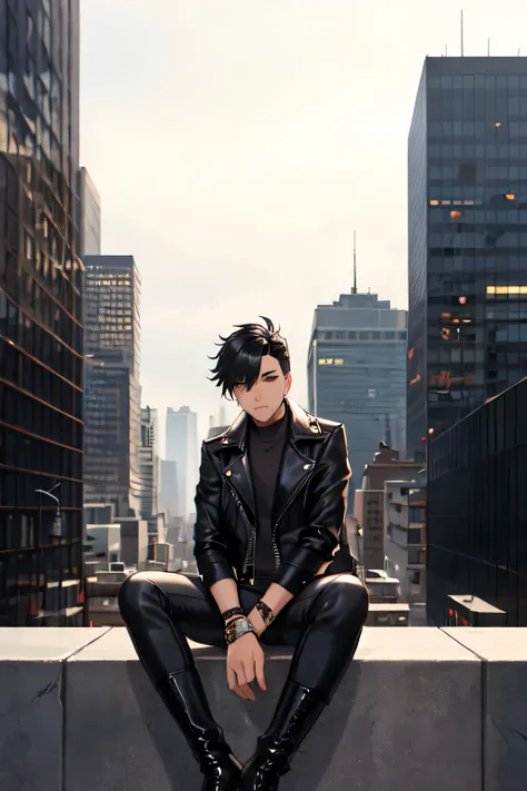 Young man sitting on the asphalt in downtown New York, surrounded by tall skyscrapers and a picturesque city panorama. He&#39;He is wearing a leather jacket, stylish trousers and leather boots, giving his image confidence and resilience. His gaze is direct...