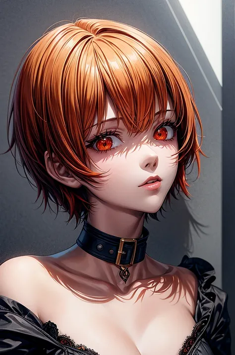 masterpiece, best quality, 1girl, red eyes, orange hair, ((short hair)), ((orange hair)),  gothic, choker, slit eyes, face close up, 