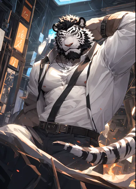 dynamic poses, a scene in, Extreme perspective and powerful composition,  (super detailed), sharp focus, Genji, Eye, black Eye, hairy, white fur, Black and white fur, black beard, black hair，human nature (White Tiger), male, middle aged, white body, white ...