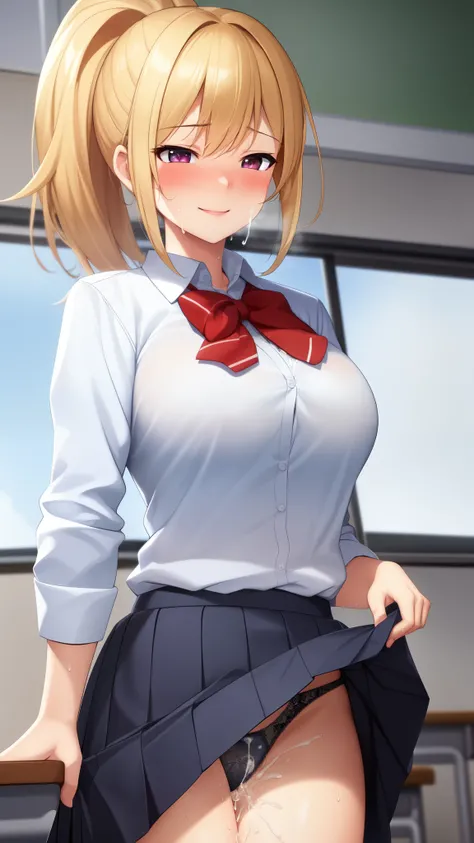 (best quality:1.5, highres, UHD, 4K, detailed lighting, shaders, HDR, hand depiction, anime style), blonde ponytail, large breasts, school uniform, standing, blushing, smiling, classroom background, panties, skirt lift, (sweaty, cum), sexy, erotic, lewd, s...