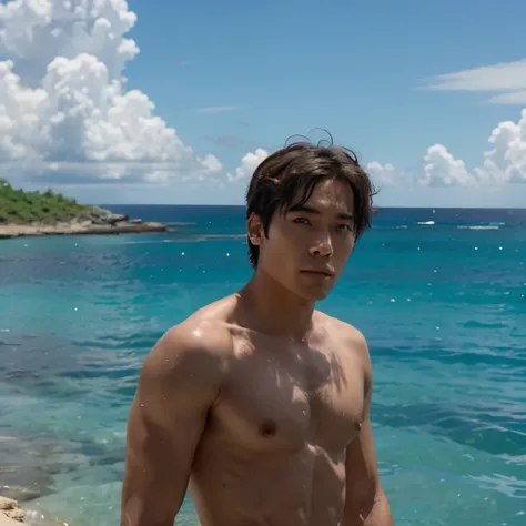 Naked man, anime, island, blue sky