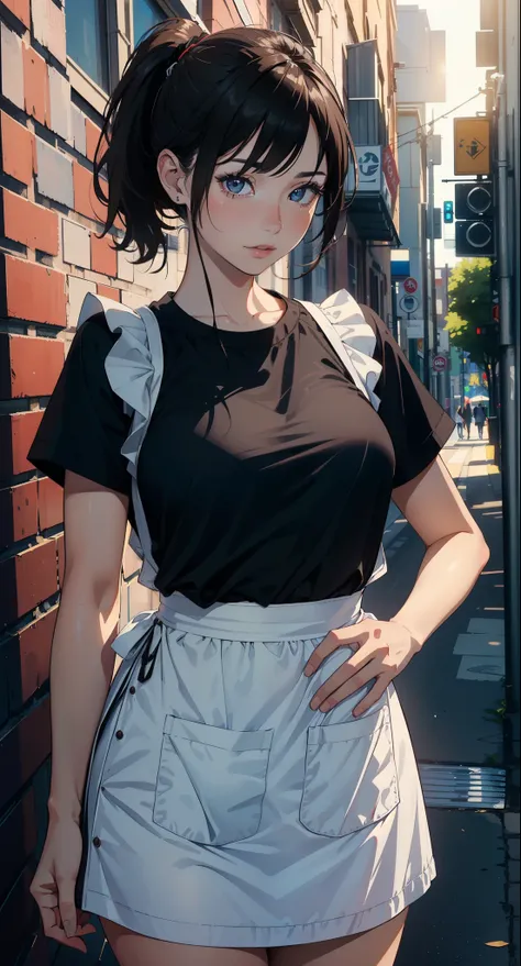 ((top quality, 32k, masterpiece: 1.3)), portrait, sharp focus, 1 girl, 18 years old, pretty woman with perfect figure: 1.4, slender abs: 1.1, ((dark brown hair, big: 1.2)), (white shirt, black apron: 1.3), street, ultra detailed face, detailed eyes, double...