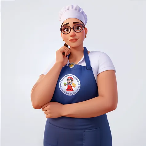 Uma mulher morena parada na frente, with hand on chin,  wearing round glasses and a chef&#39;s hat, com avental de cozinheira azul, tendo como pano de fundo uma biblioteca