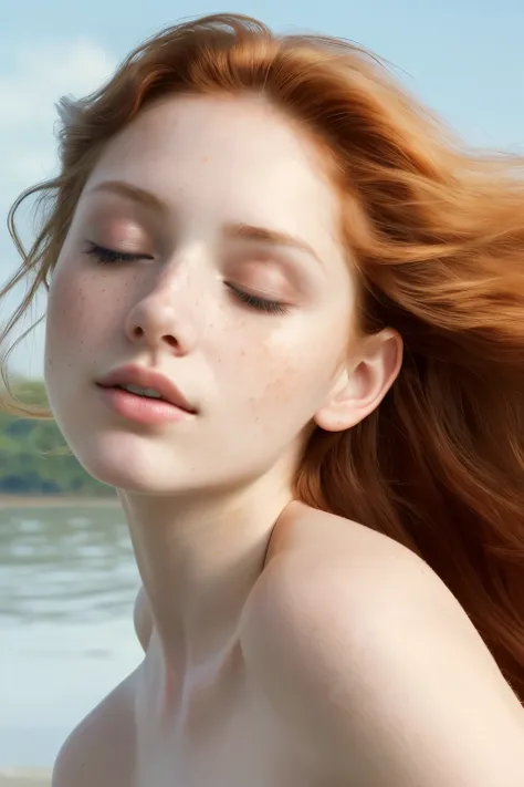 A stunningly beautiful, naked woman floats in the air, her pale white skin speckled with hints of roux-colored freckles. Her long, wavy and unruly ginger hair cascades around her, drifting gently in the breeze. Her head is raised towards the sky, eyes clos...