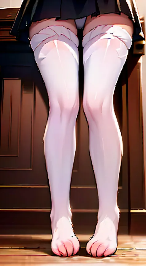 there is a woman in a skirt and white stockings standing on a floor, detailed legs looming over you, detailed legs towering over you, detailed legs, detailed shot legs-up, thighs close up, close-up on legs, normal legs, knees tucked in, legs visible, massi...