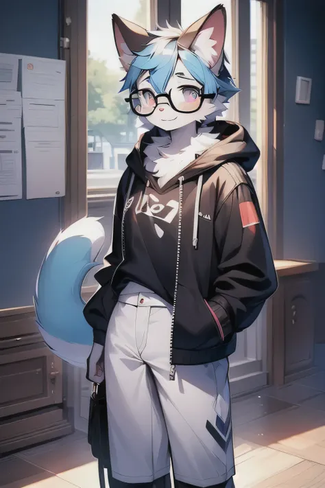 Siamese cat，male，blue hair，pink eyes，hairy的尾巴，Pure white figure，Smile，charming，hairy，Wear a black hoodie，wear glasses，blush，alone，Customize，white ears，high detail，charming，More granular，masterpiece, high quality,whole body，standing posture，face camera，blac...