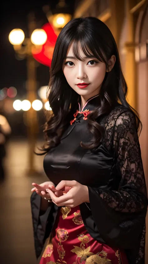 Super detailed、Japanese、charming beauty、seductive adult woman、Beautiful woman、sharp eyes、cool girl、wavy hair、long black cheongsam、wide sleeve、evilの幹部、evil depravity、brainwashing、Mind control、apply lipstick、grin、evilな表情、evil、empty eyes、evil、church at night、...