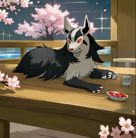 one animal、mightyena、graena、spring、cherry blossoms、pool、cute、animal、pokemon、graena、written boundary depth, perfect lighting, lig...