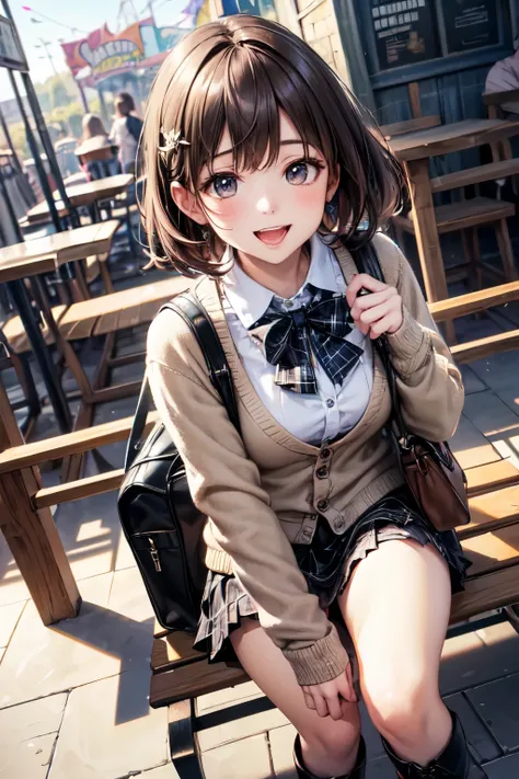 very cute and beautiful girl in amusement park ride,(highly detailed beautiful face),(white blouse),
laugh,happy,(beige cardigan:1.2) BREAK zettai ryouiki,(plaid brown mini skirt:1.2),
hair ornament,black hair,(black shoulder bag),(black boots),
(best qual...