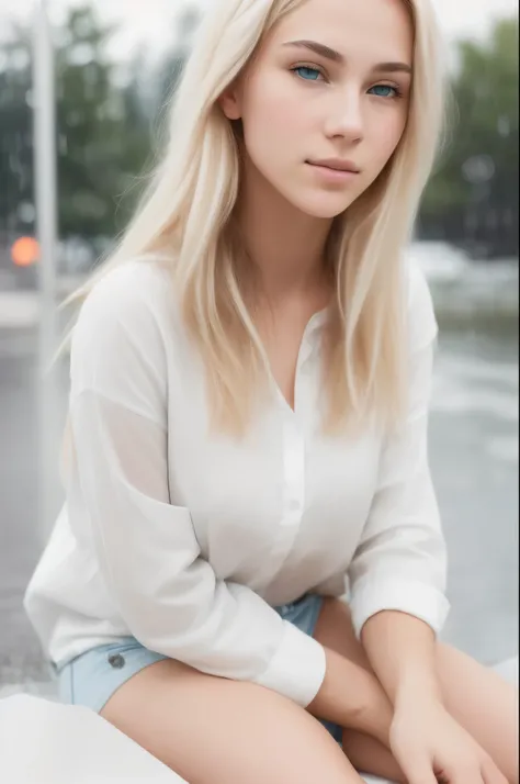 Photo of a 18-year-old Norwegian white mixed girl, sitting at a desk with a laptop in a sleek modern office, Raw, female, (blonde hair), ((Portrait)), ((Detailed Face:1.2)), ((Detailed facial features)), (finely detailed skin), pale skin, city in the rain,...