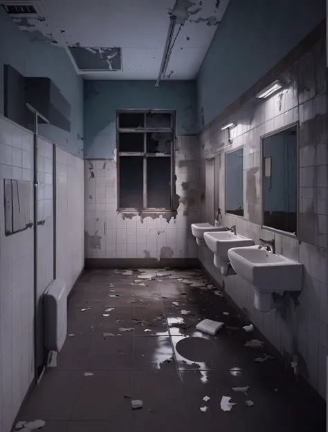 Toilet room, tile, Tiles on the walls, school, school toilet, night, devastation, Broken, shocked, emptiness, devastation, muffled light, Masterpiece, aesthetics, visual novel