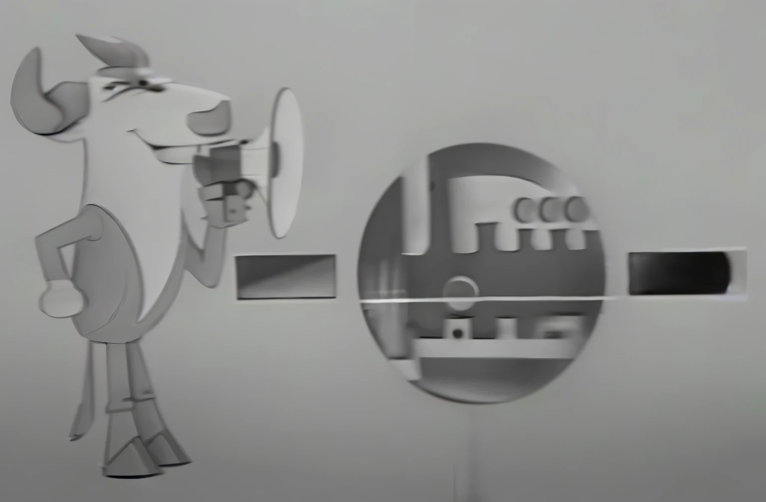 a close up of a cartoon cow with a microphone and a mirror, film still from an cartoon, stop-motion film (1924), historical footage, 1 9 6 0 cartoon style, black and white television still, 1964, 1954, 1 9 5 4, 1 9 6 4, cartoon network stillframe