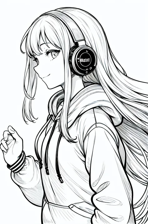 masterpiece, highest quality, highest quality, 1 girl, hoodie, headphone, smile, long hair, close-up of profile, cute, monochrome, white background, line drawing, ((sketch)), clean line drawing, Shoot from the front, looking at the viewer