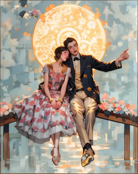 arafed image of a man and woman sitting on a pier, by Hovsep Pushman, by Coles Phillips, by Randolph Schwabe, holding hands in the moonlight, joseph leyendecker, leyendecker, leyendecker style, by J.C. Leyendecker, by J. C. Leyendecker, part leyendecker st...