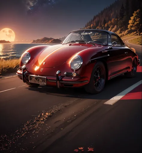 A beautiful reflective red Porsche 356 exhibition with a black top running along the winding road by the sea and the moon in the background rising on the horizon of the twilight and starry sky