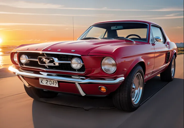 "classic red ford mustang at sunset with the horizon in the background."