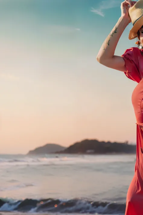 araffe woman in a vestido rosa and hat standing on a beach, dressed in a vestido rosa, wearing a vestido rosa, with hat de palha, Red dress and hat, vestido rosa, hora de ouro rosa, fotografia de modelagem, with hat, tons rosa, wearing a flowing dress, flo...