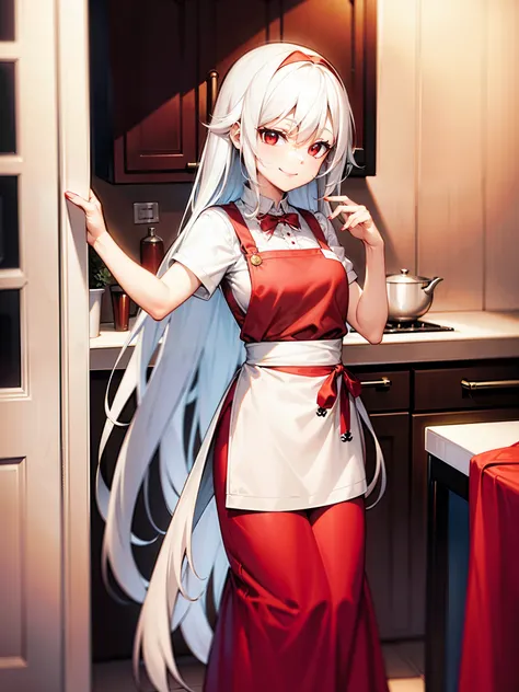 a short girl with long white hair and red eyes wearing housewife clothes with a smile in a kitchen background