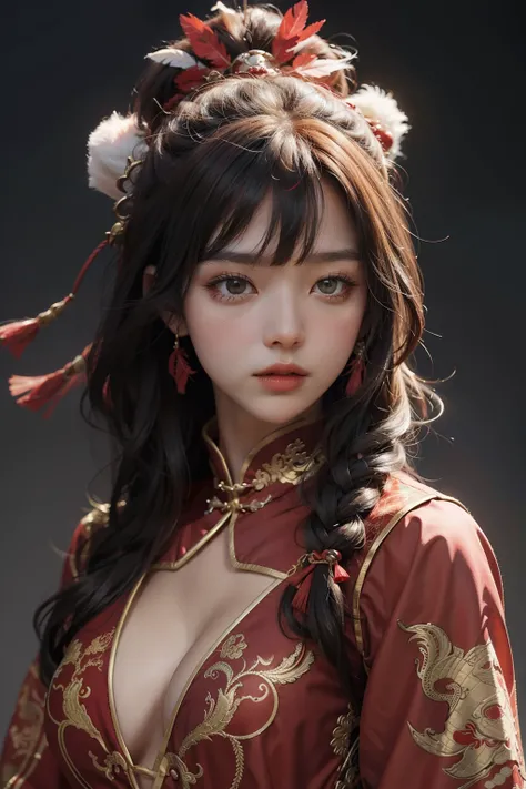 1 Beautiful girl, 20 years old, wearing a red Chinese warrior outfit with a fantasy pattern. , best quality , is realistic In the picture there is a red feather falling,HD8k