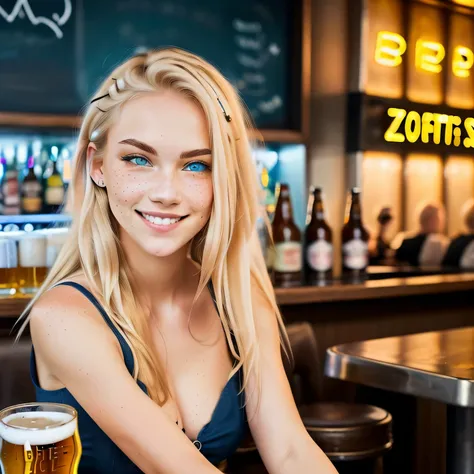 drinking beer at a classy bar, busy environment, neon lights, zoomed out showing full body, ((best quality)), ((masterpiece)), (detailed), perfect face blond woman with freckled hair and blue eyes smiling, light freckles, more freckles