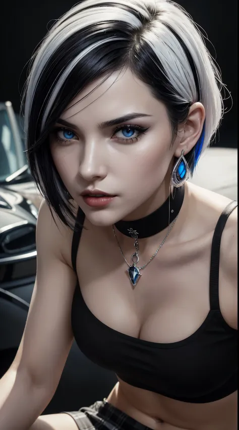 1 beautiful and sexy woman, pale white skin, bright blue eyes (vampire eyes), ((short hair, black and white hair, multi-colored hair, hair with white highlights)), perfect body, perfect abdomen, navel, black shirt sleeveless, neckline, black and gray plaid...