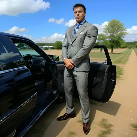 a photo of a man taken in the early 2000s, 2003, man in suit standing next to mercedes car, , wearing suits!, suit and tie, pins...