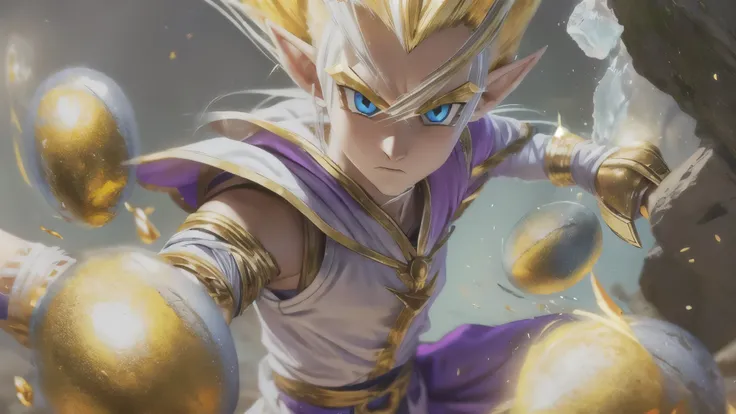 (master piece), 8k, best quality, elf boy, naive, male, teenager, 14 years old, 170 centimeters tall, white skin, thin body, pointed elf ears, beautiful finely detailed silver eyes, high forehead , yellow blonde spiky hair like Gohan from the anime dragon ...