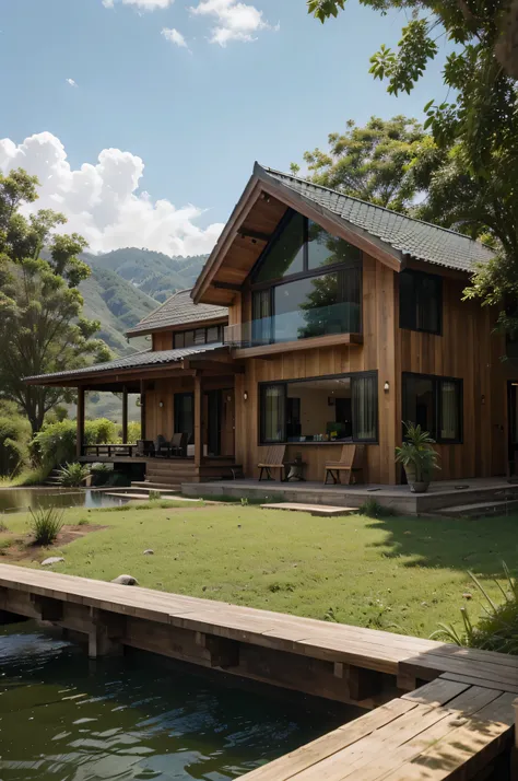 A house above the river, natural lighting, rainwater harvesting, green theme, wood materials, best quality.