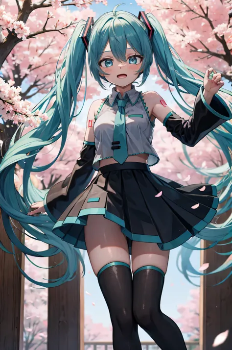 hatsune miku　show from head to thigh　cheeks are red　natural laughing face　cute face　small breasts　small ass　good style　near the ...