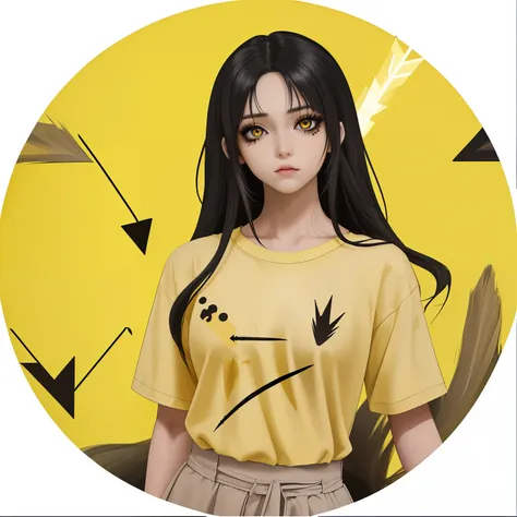 anime, character, girl in a yellow t-shirt, looks at the viewer, dark long hair, makeup, smoky eyes, arrows on the eyes, smoky e...