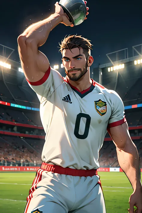 Majestic footballer triumphantly lifts the glistening trophy above his head, a brilliant smile gracing his chiseled features. His sweat-drenched jersey clings to his muscular physique, and the stubble on his strong jawline adds to his rugged appeal. His pi...