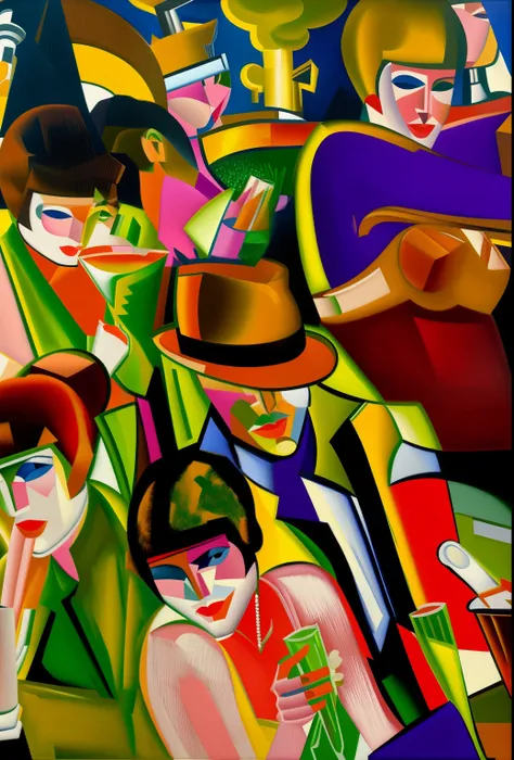 painting of a group of people in a bar with drinks, by Jean Metzinger, by Dahlov Ipcar, art deco painting, inspired by Tamara Lempicka, cubists love it, inspired by Dahlov Ipcar, inspired by Tamara de Lempicka, by Christian Jane Fergusson, by Andre Lhote, ...