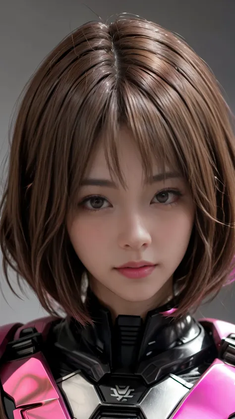 Photo of two realistic black Sazabi girls，Shortcut Bob Cut，I have a lot of hair，brown eyes，Hair color is bright pink，cool look，background is gray，16 year old daughter of Haman Khan and Char Aznable.