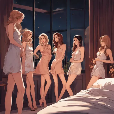 Cinq filles en robe de nuit en 2024 dessin style manga sexy dans une chambre de nuit, blotties les une contre les autres sur un lit