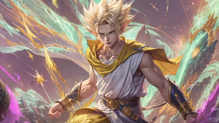 (master piece), 8k, best quality, elf boy, naive, male, teenager, 14 years old, 170 centimeters tall, white skin, thin body, pointed elf ears, beautiful finely detailed silver eyes, high forehead , yellow blonde spiky hair like Gohan from the anime dragon ...