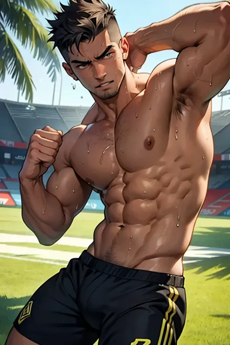 Soccer Player -- S2
(Masterpiece, 4k, 8k, high resolution)

A muscular soccer player poses for the camera, his toned body glistening with sweat. (Male Focus) He wears a fit jersey with the number 2 printed on the back, revealing defined abs and powerful th...