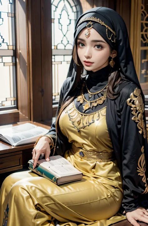 Islamic caftan dress outfit princess hyper realistic super detailed Dynamic, beautiful face, masterstroke, with hijab, siting on the room reading a holy book