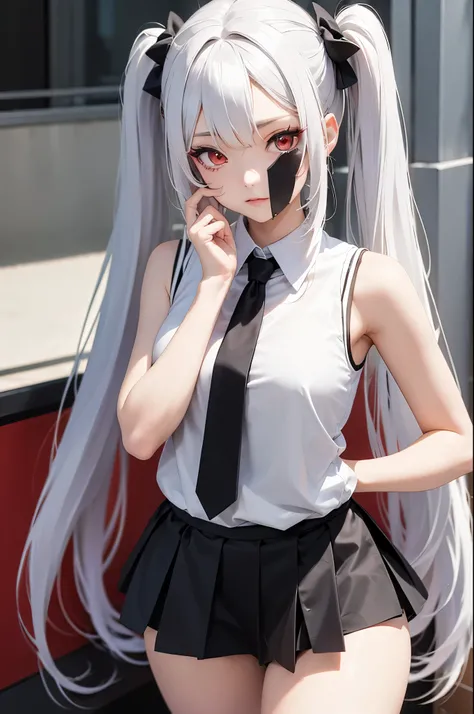 Masterpiece, best quality, 1 girl, anime character style, red eyes, long white hair, hairstyles twintails, white sleeveless shirt and black skirt,